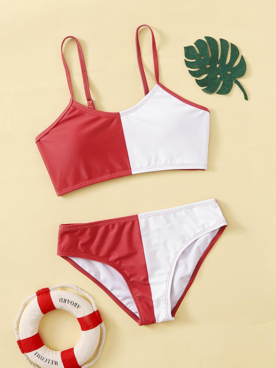 Conjunto de bikini de bloques de color para niña preadolescente, para la playa de verano