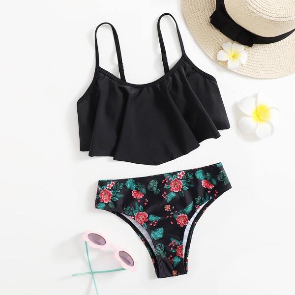 

Girls Floral Print Flounce Bikini Swimsuit, Black