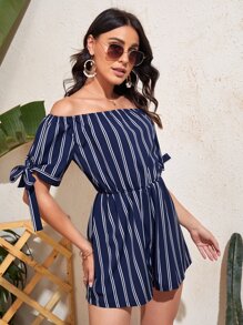 SHEIN VCAY Mono A Rayas Con Corte Bardot, Nudo Y Puños En Las Mangas - Azul Marino - Ver 4