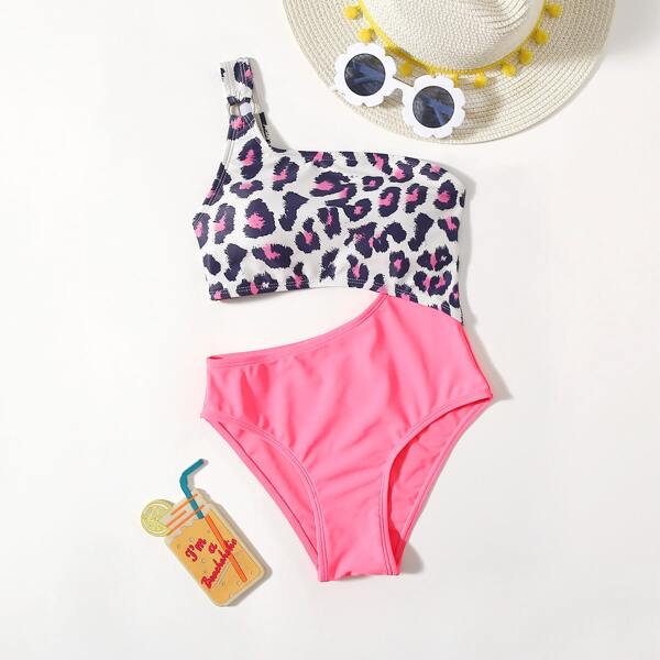 

Girls Leopard Print One Piece Swimsuit, Multicolor
