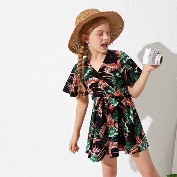 

Girls Surplice Wrap Belted Tropical Print Dress, Multicolor