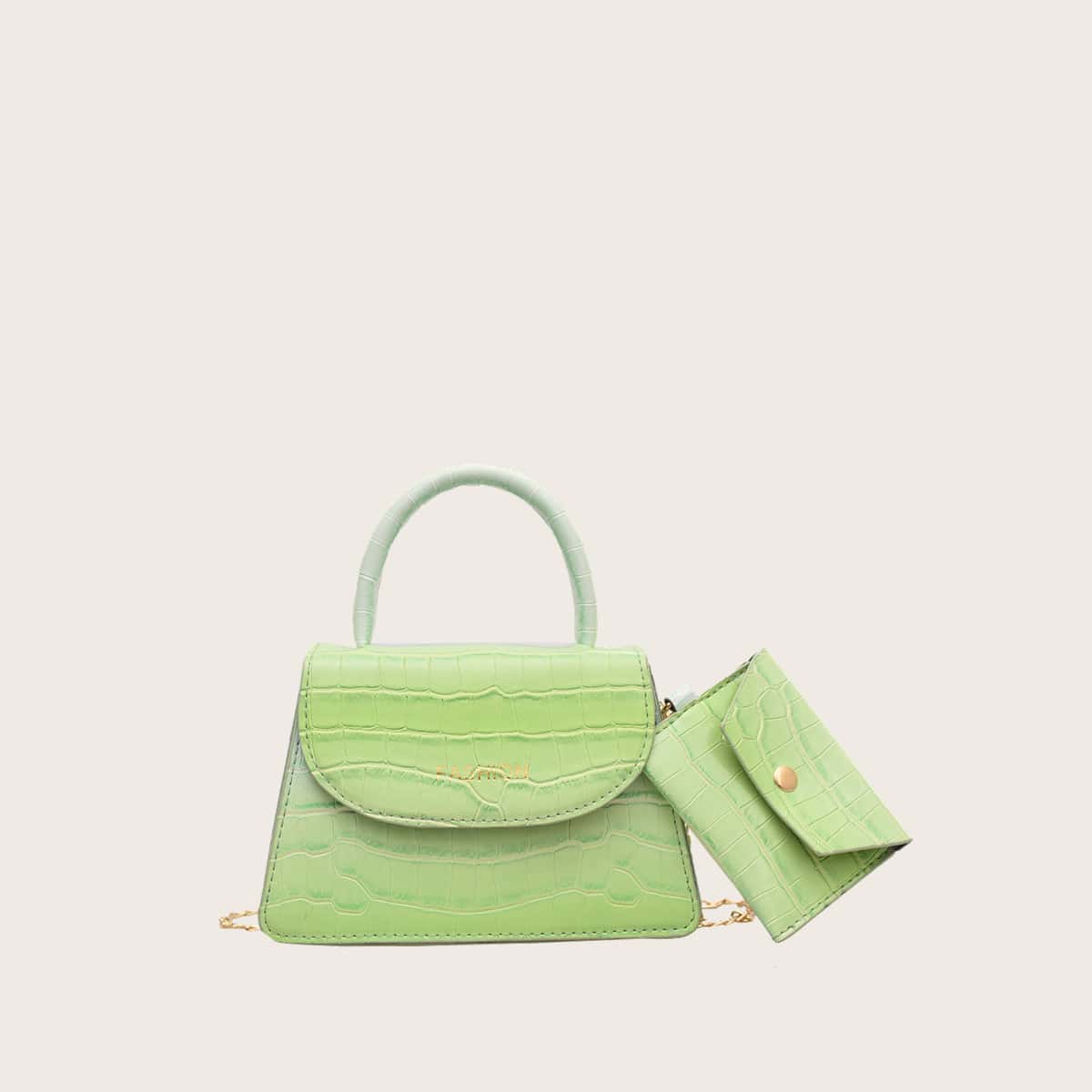 

Croc Embossed Satchel Bag With Purse, Green