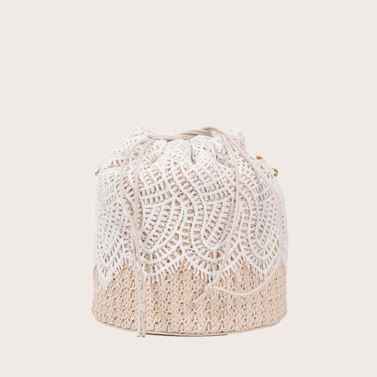 

Leaf Lace Straw Bucket Bag, Beige