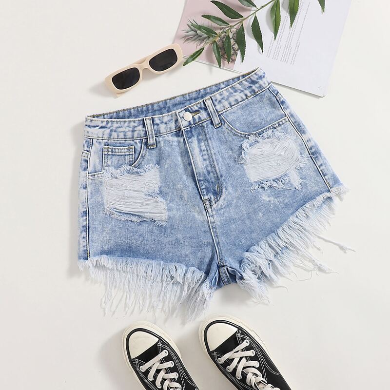 

Ripped Raw Hem Denim Shorts, Light wash