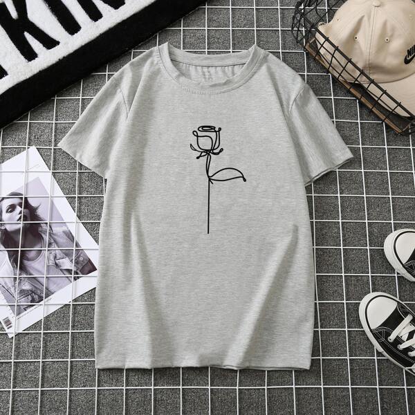 

Rose Print Crew Neck Tee, Grey