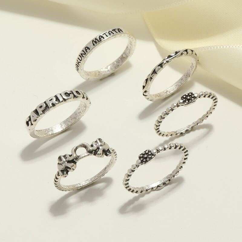

6pcs Letter Graphic Engraved Ring, Antique silver