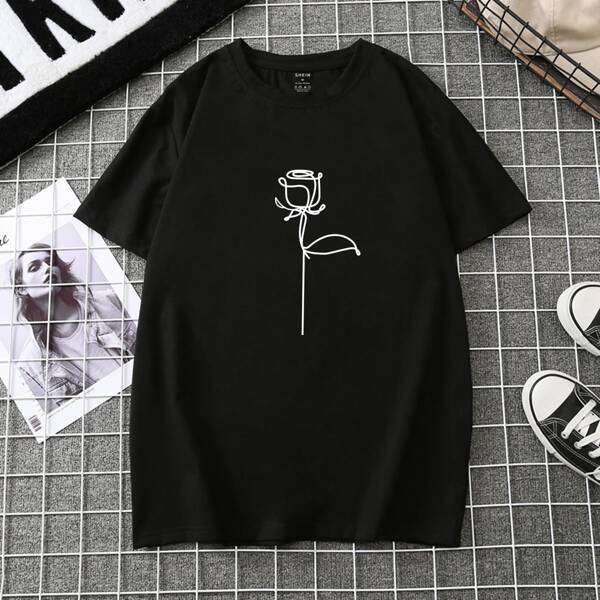 

Rose Print Crew Neck Tee, Black