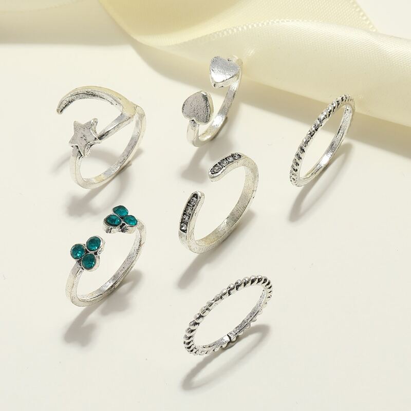 

6pcs Rhinestone Decor Ring, Antique silver