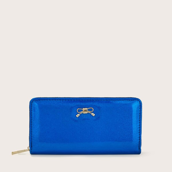 

Metal Bow Decor Zipper Around Long Purse, Blue