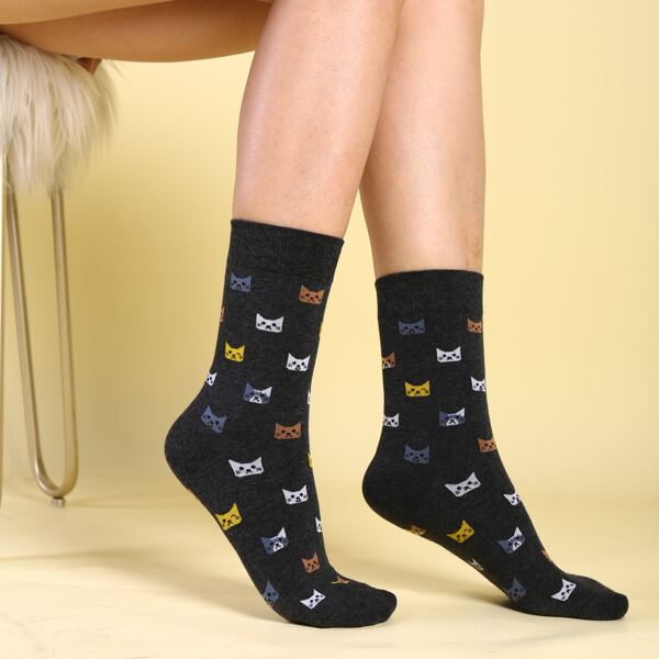 

Cartoon Cat Graphic Crew Socks, Dark grey