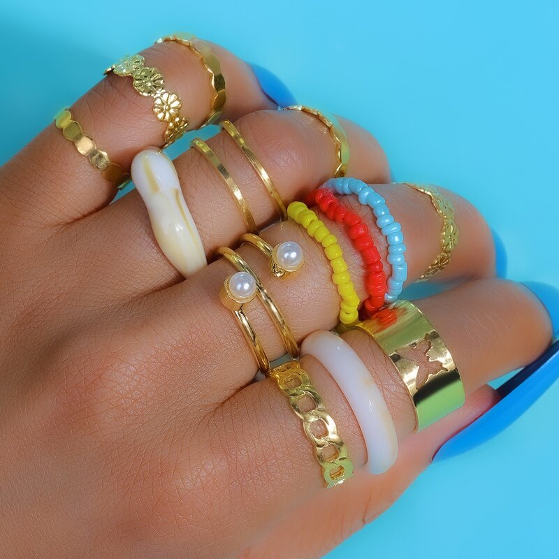 

14pcs Beaded Decor Ring, Multicolor