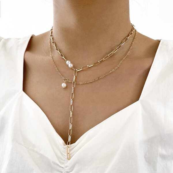 

Faux Pearl Decor Layered Y Lariat Necklace, Gold