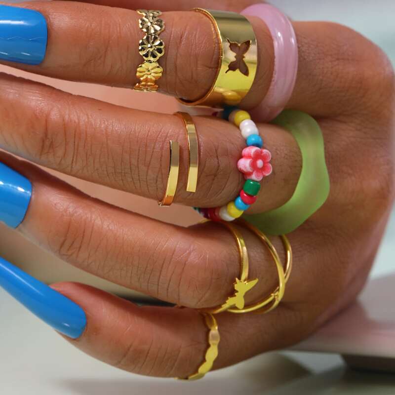 

9pcs Beaded Decor Ring, Multicolor