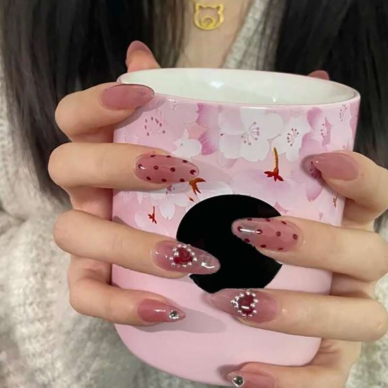 

24pcs Faux Pearl Fake Nail, Pink