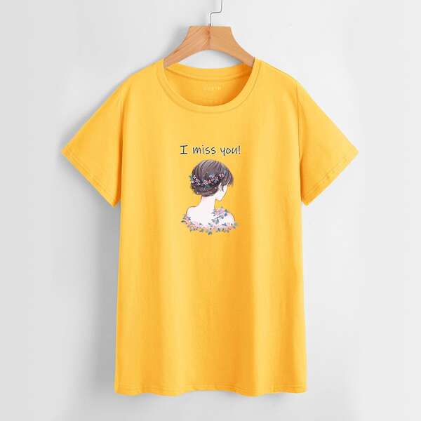 

Figure And Slogan Graphic Tee, Yellow