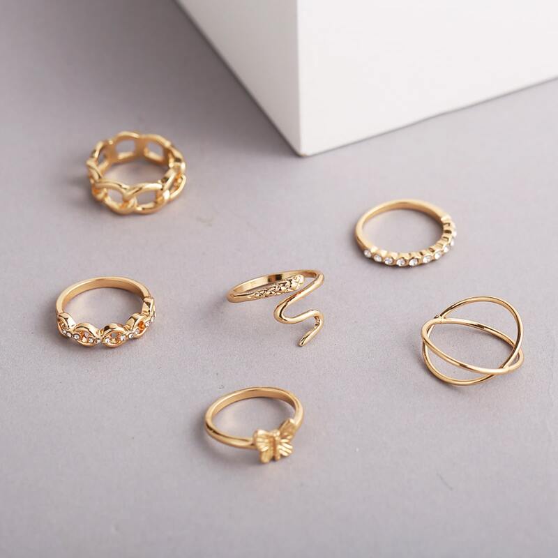 

6pcs Rhinestone Decor Ring, Gold