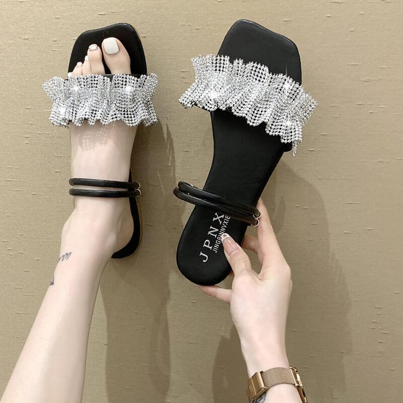 

Ruched Rhinestone Slide Sandals, Black