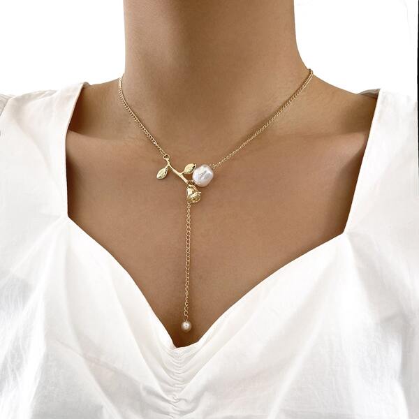 

Flower Decor Y Lariat Necklace, Gold