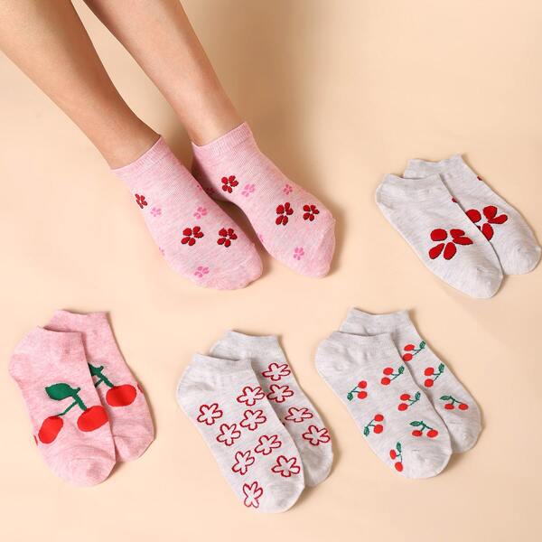 

5pairs Flower & Fruit Print Socks, Multicolor