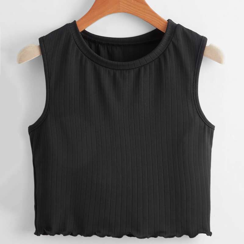 

Solid Lettuce Trim Ribbed Tank Top, Black