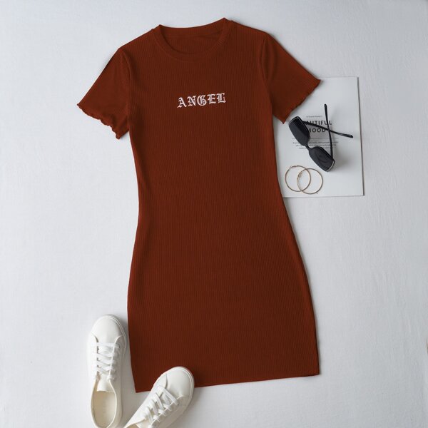

Plus Letter Embroidery Rib-knit Dress, Brown