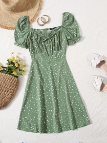 SHEIN VCAY Polka Dot Ruched Bust Dress - Green - View 1