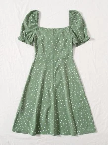 SHEIN VCAY Polka Dot Ruched Bust Dress - Green - View 2