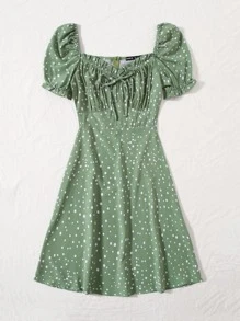 SHEIN VCAY Polka Dot Ruched Bust Dress - Green - View 3
