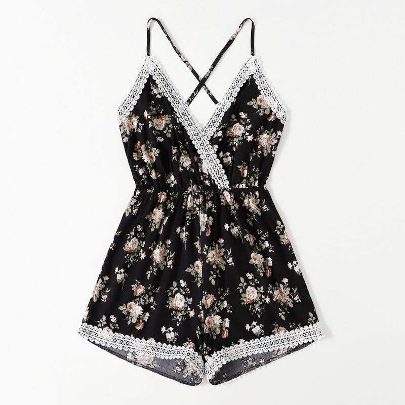 

Contrast Lace Ditsy Floral Romper, Black