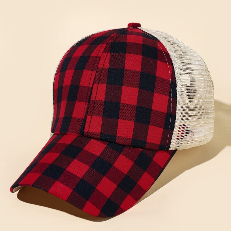 

Gingham Contrast Mesh Baseball Cap, Red