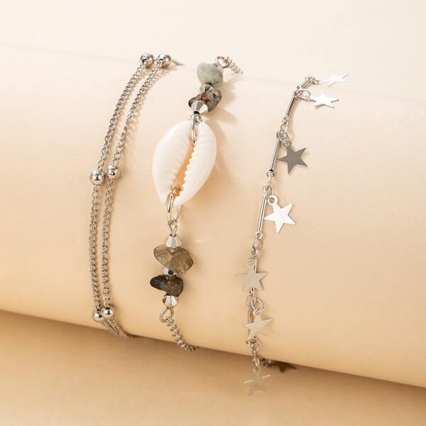 

3pcs Girls Shell & Star Decor Anklet, Silver