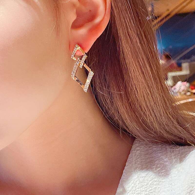 

Rhinestone Geo Drop Earrings, Gold