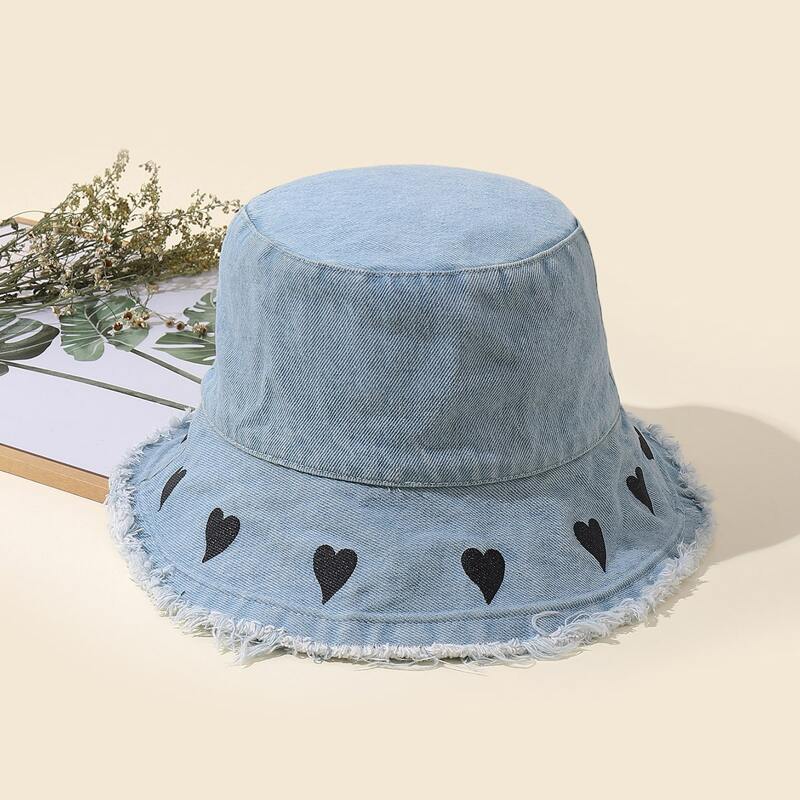 

Heart Ripped Hem Bucket Hat, Blue