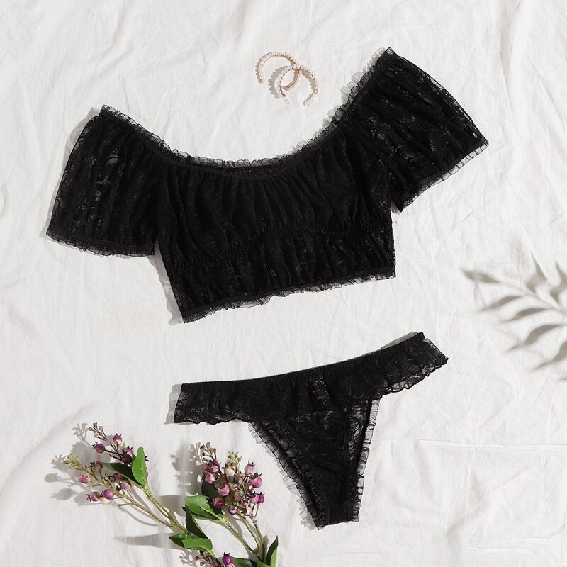 

Floral Lace Sheer Lingerie Set, Black