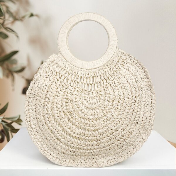 

Minimalist Straw Design Circle Bag, Beige