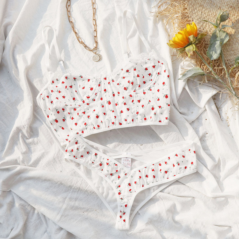 

Floral Print Lace Trim Push Up Lingerie Set, White
