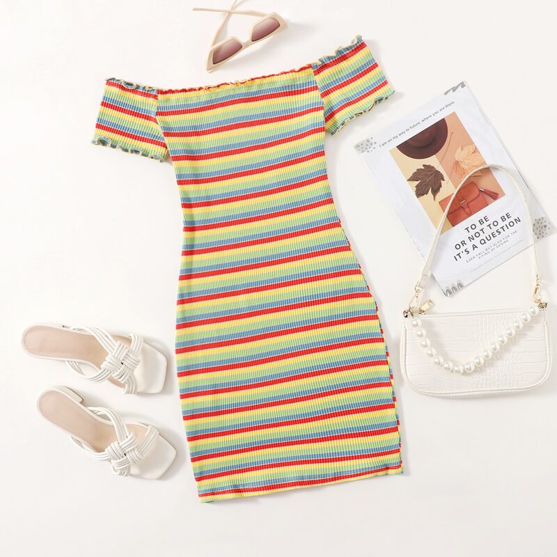

Off Shoulder Lettuce Trim Rainbow Striped Dress, Multicolor