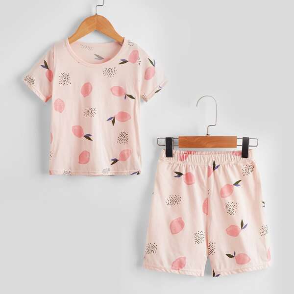 

Toddler Girls Lemon Print Tee With Shorts, Baby pink