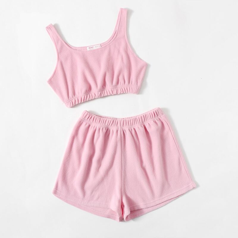 

Fleece Solid Tank Top & Shorts, Baby pink