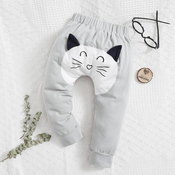 

Baby Unisex Cartoon Graphic Pants, Light grey