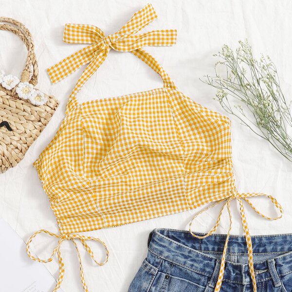 

Gingham Drawstring Side Halter Top, Yellow