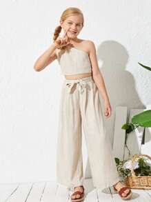 SHEIN 女孩單肩上衣和繫帶褲子套裝 - 米色 - 查看 1