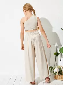 SHEIN 女孩單肩上衣和繫帶褲子套裝 - 米色 - 查看 2
