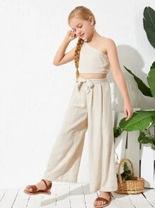 SHEIN 女孩單肩上衣和繫帶褲子套裝 - 米色 - 查看 3