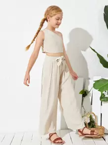 SHEIN 女孩單肩上衣和繫帶褲子套裝 - 米色 - 查看 4