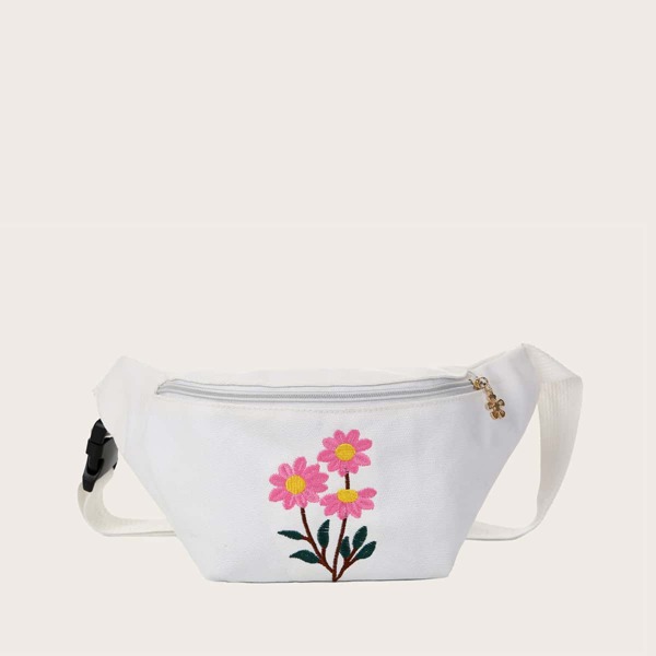

Floral Embroidery Fanny Pack, White