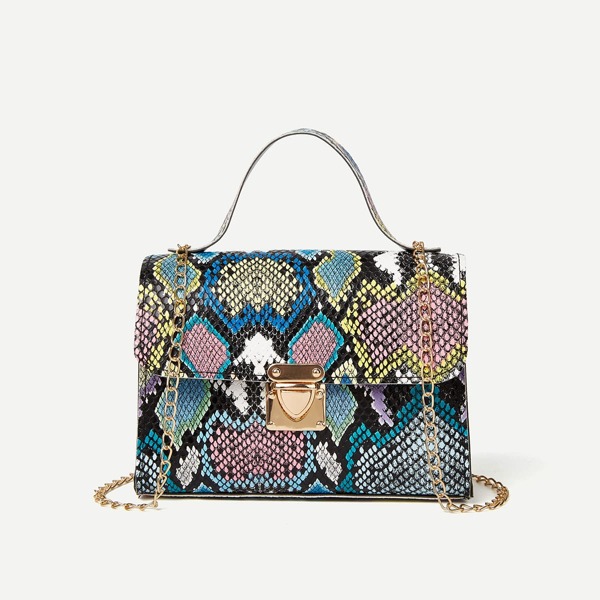 

Snakeskin Print Push Lock Flap Chain Bag, Multicolor