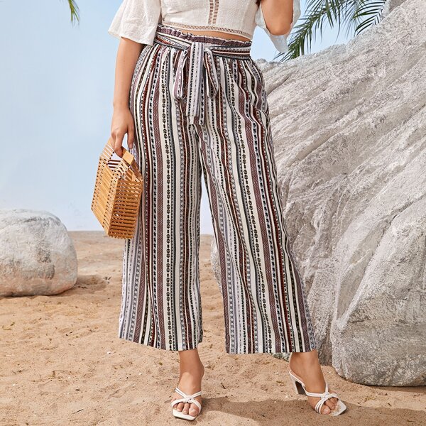 

Plus Striped Paper Bag Waist Belted Pants, Multicolor