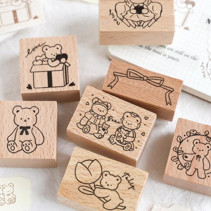 

1set Cartoon Bear Print Random Wooden Stamp, Multicolor