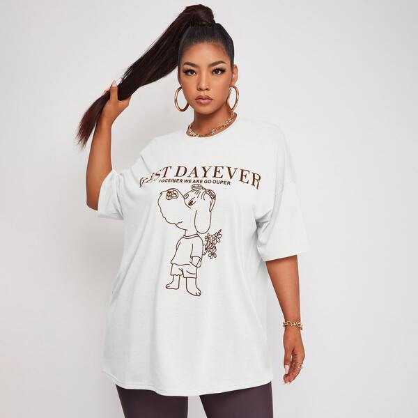

Plus Cartoon Dog And Slogan Graphic Tee, White